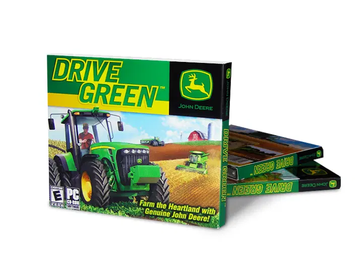 John Deere Drive Green — in-game tractor simulation view working a crop field
